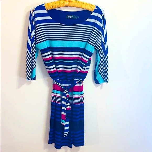 Guess | Blue Striped Open Button 3/4 Sleeves | Sash Waist MIDI Dress | Size 6 - Picture 1 of 9